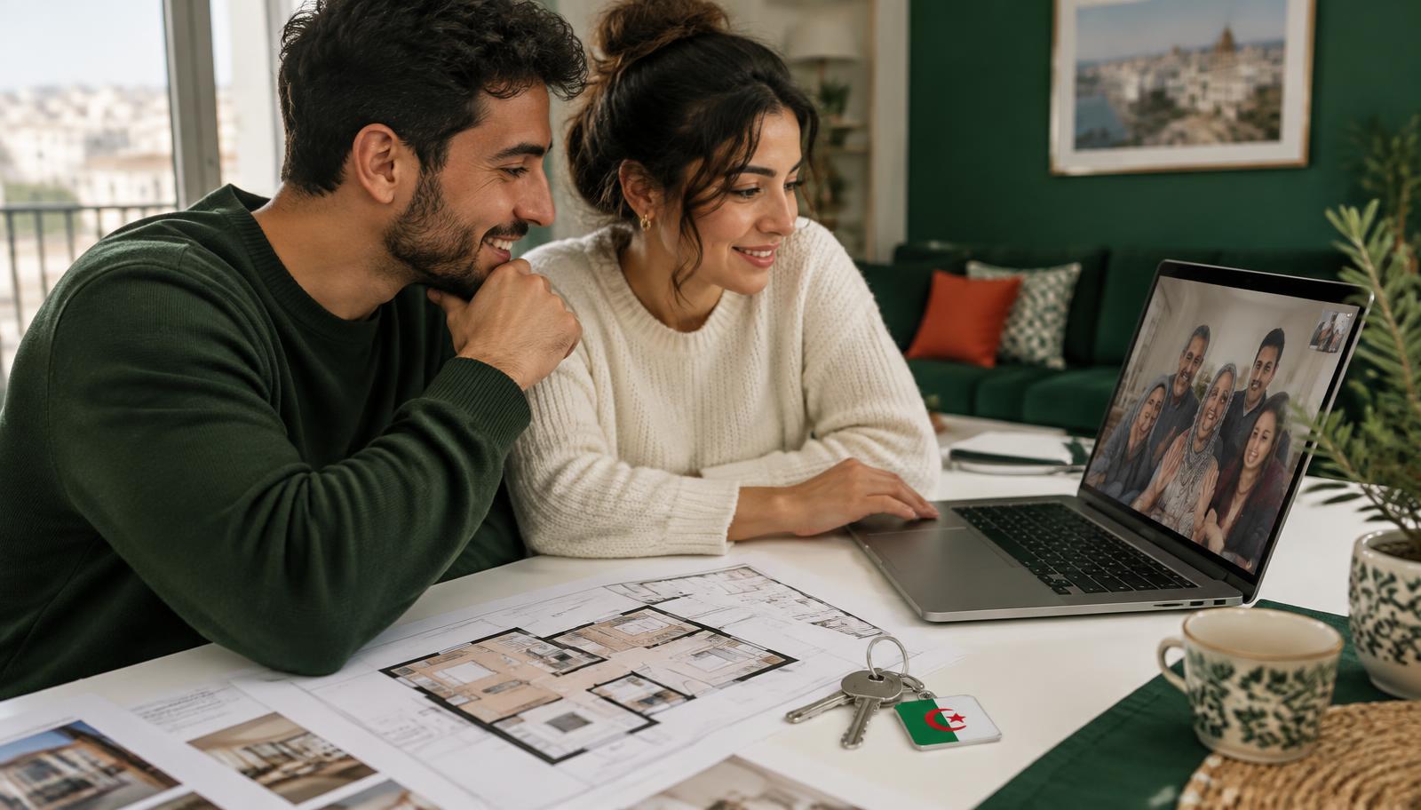 Famille algérienne à l'étranger en visioconférence pour visiter un appartement, plans et clés sur la table