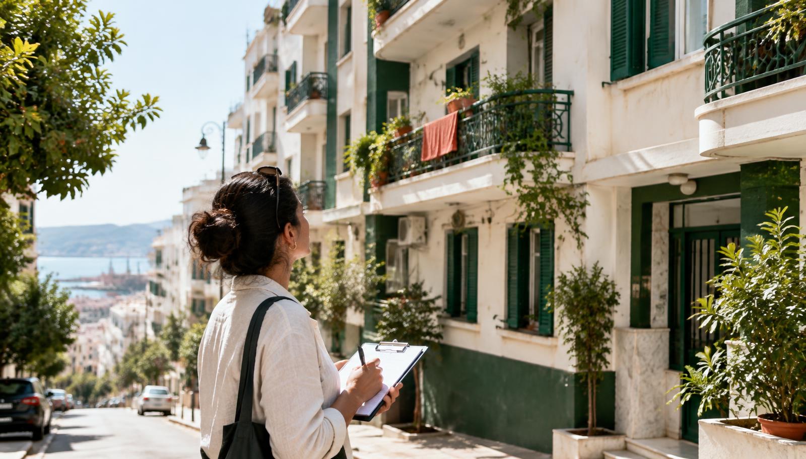 Rue résidentielle d'Alger avec balcons, un professionnel évalue la façade d'un immeuble
