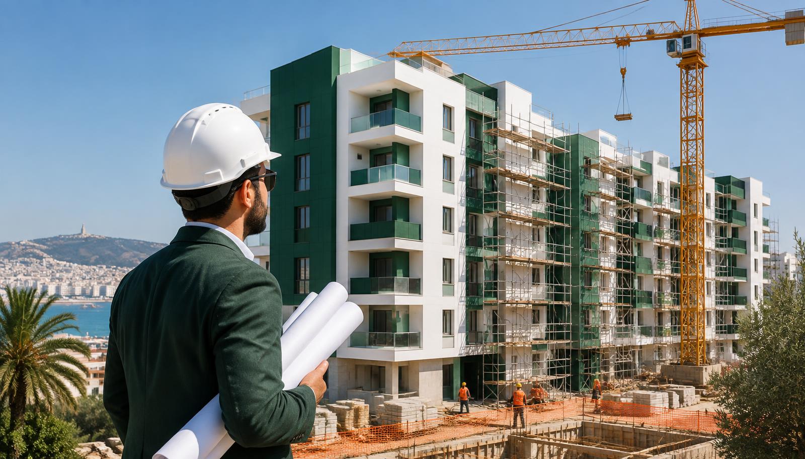 Immeuble neuf en construction en Algérie, grue et architecte avec des plans au premier plan