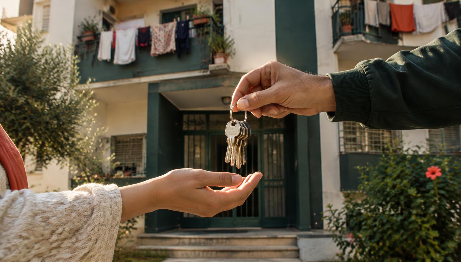 Remise de clés devant l'entrée d'un immeuble résidentiel en Algérie